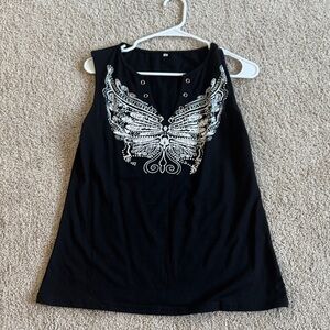 Black Sleeveless Top with Butterfly Design